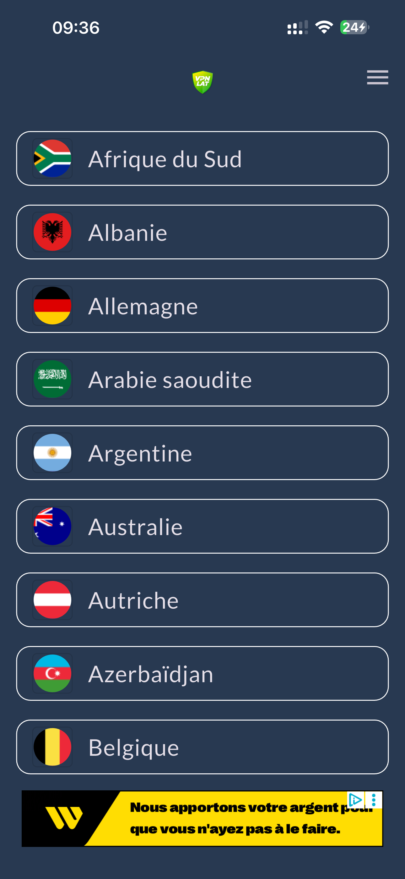 Sélection du pays Argentine dans VPN.lat