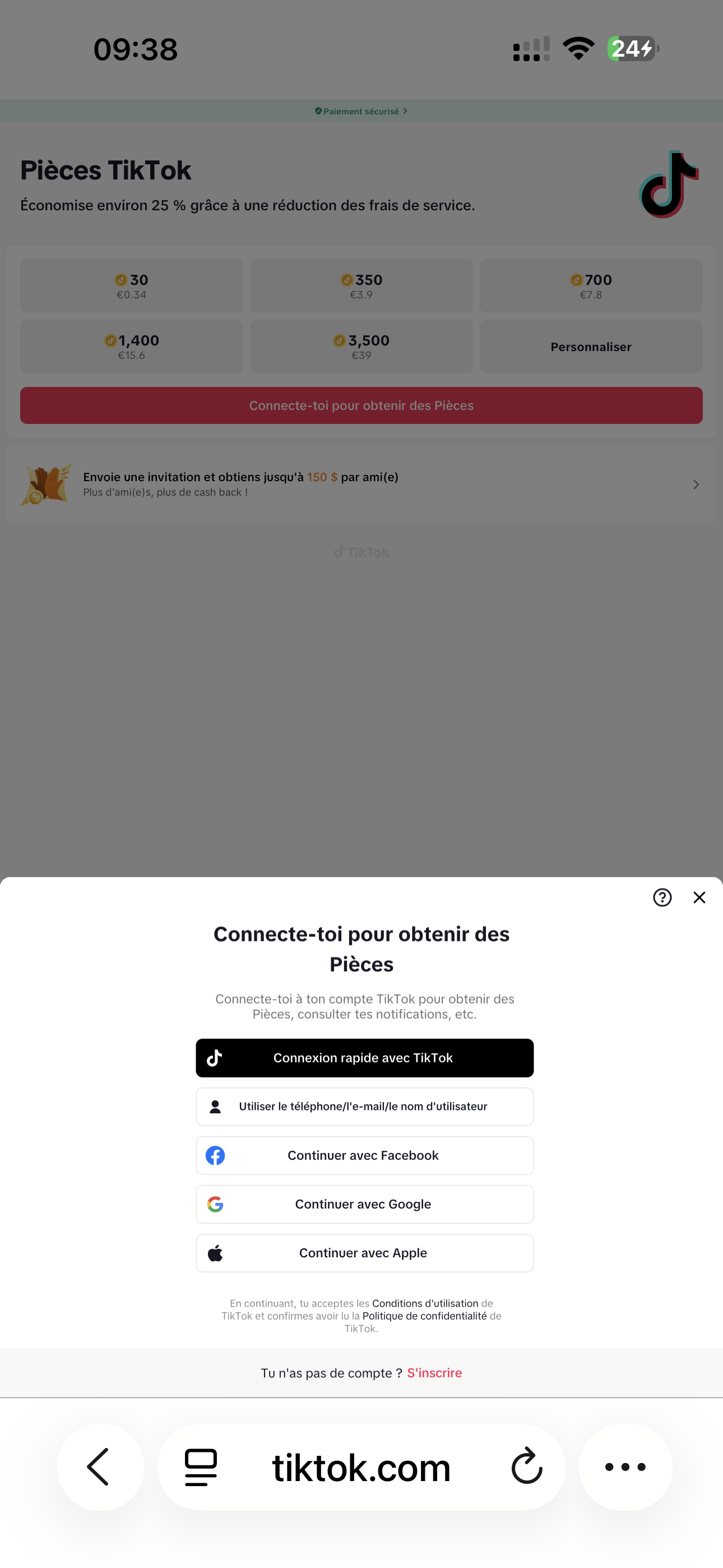 Page TikTok Coins dans le navigateur