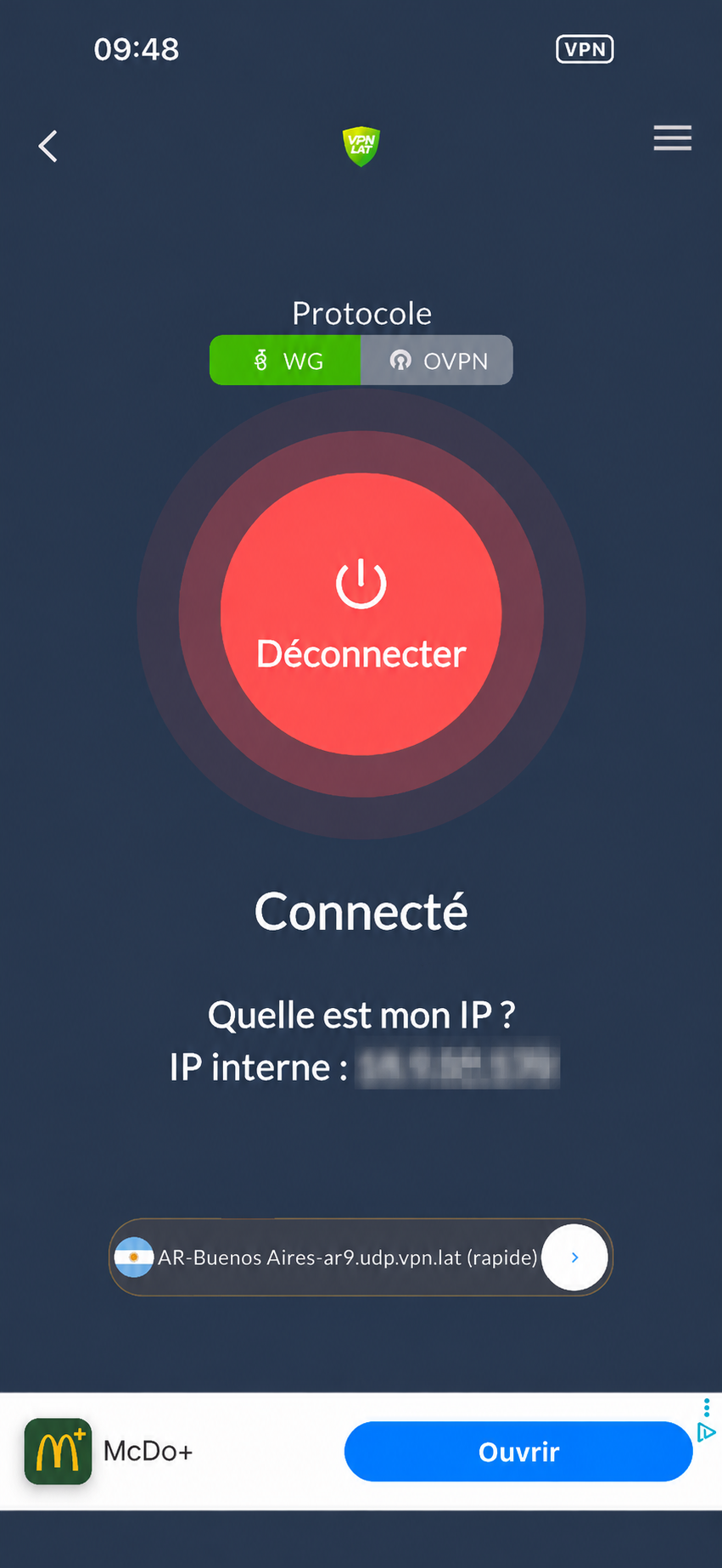 VPN.lat connecté à un serveur argentin